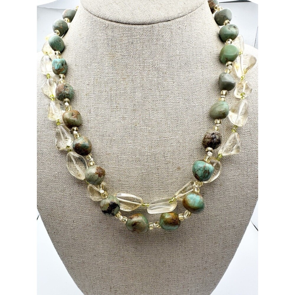 Natural Turquoise Citrine Beaded Double Layer Toggle Necklace 18.5”